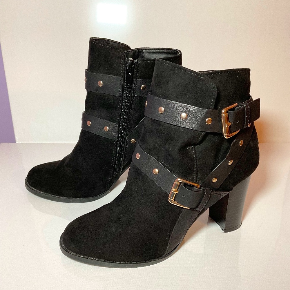 Black Suede Report Booties with Golden Buckle details